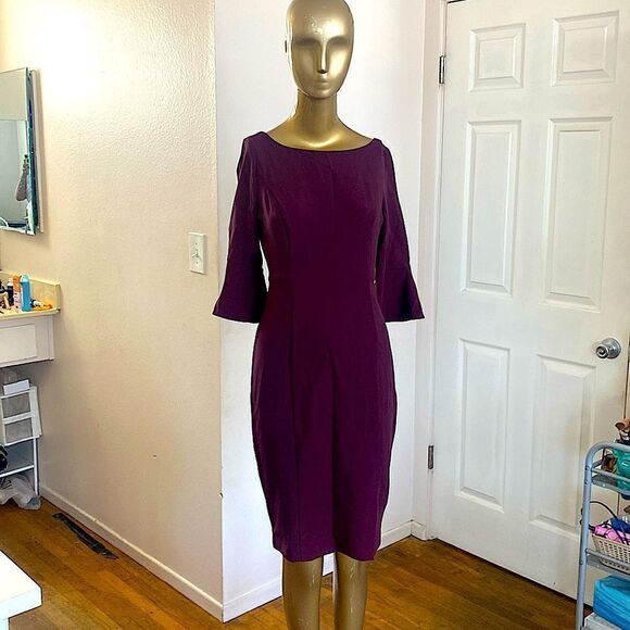 Burgundy midi dress three-quarter sleeve fitted back zipper - Picture 1 of 14